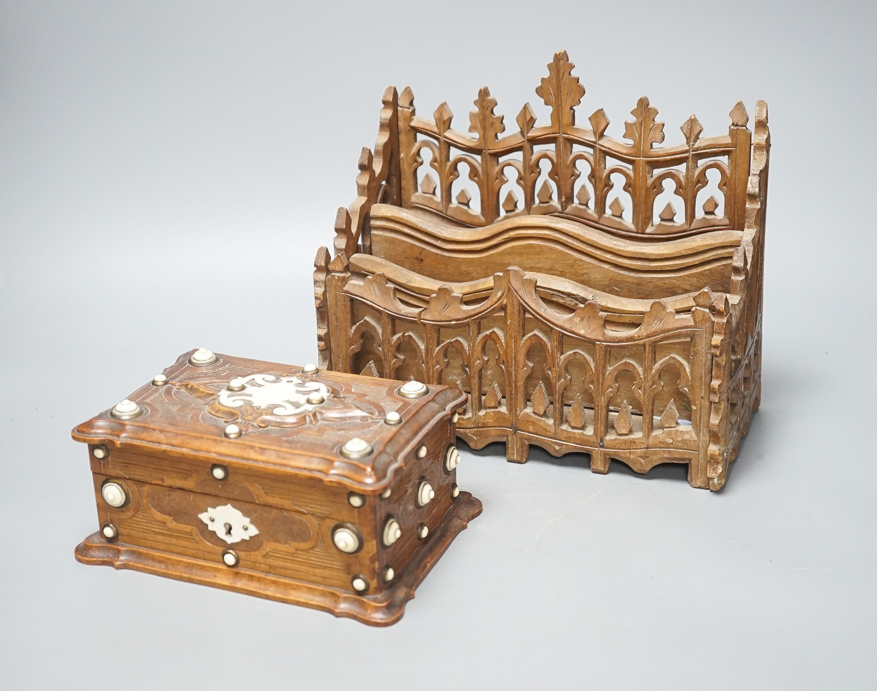An Ivory mounted fruitwood box and a gothic style letter rack 25cm